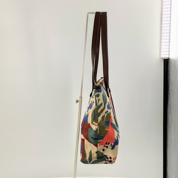 Fossil Canvas Tote Tan Floral Leaf Print Zip Top Medium Textile Shoulder Bag - Picture 8 of 16